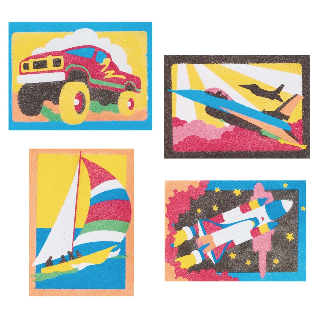 S&S Worldwide Adhesive Sand Art Boards for Creating Sand Pictures, Great for Kids and Adults, 3 Each of 4 Transportation Designs, 5" x 7" Pack of 12